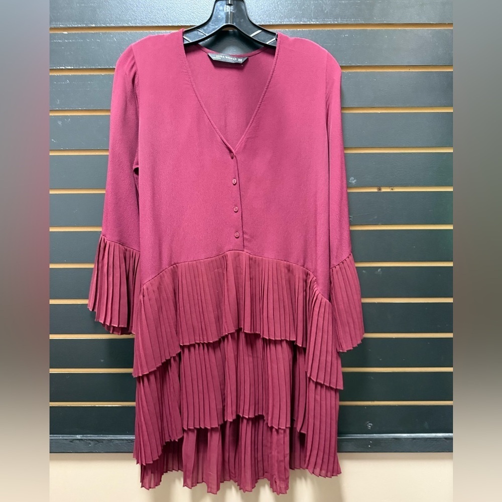 Zara Woman Oversized Pleated Burgundy Dress XS